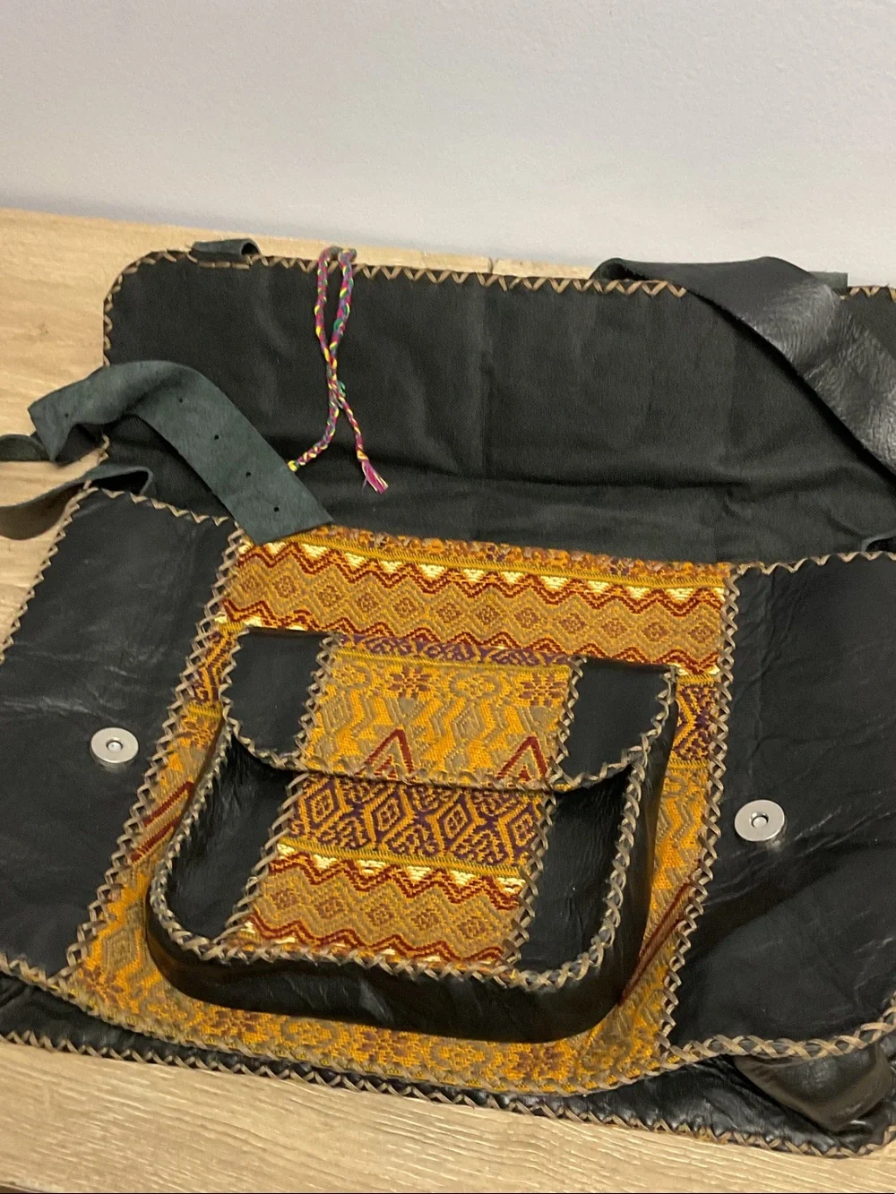 Women's Yellow Patterned Laptop Bag with Black Leather Trim